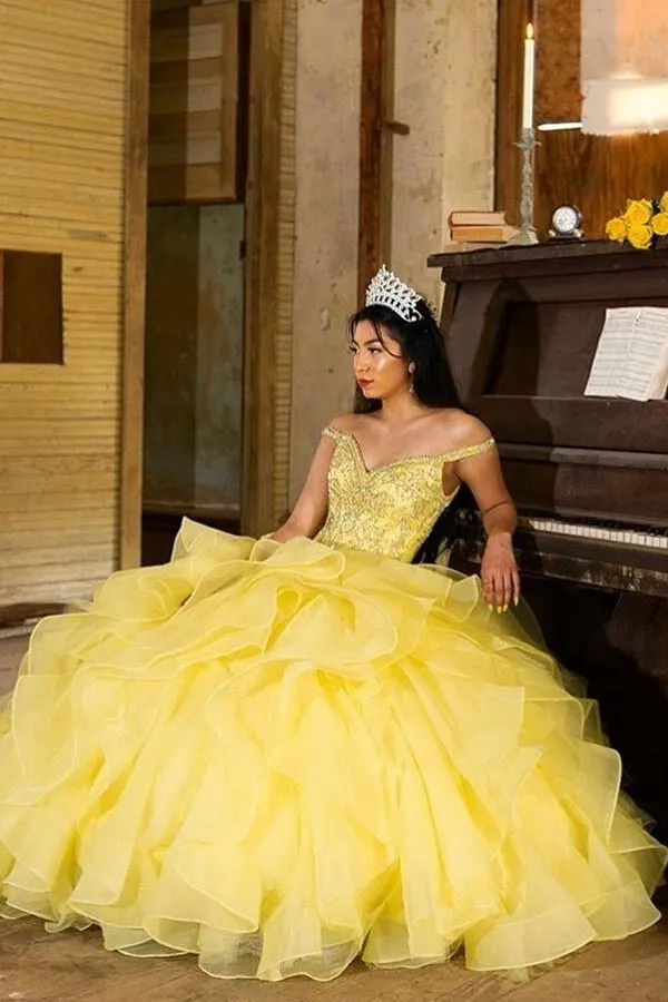 Ruffled Organza Yellow Quinceanera Dress Ball Gown Rhinestones Off-the-shoulder Bodice