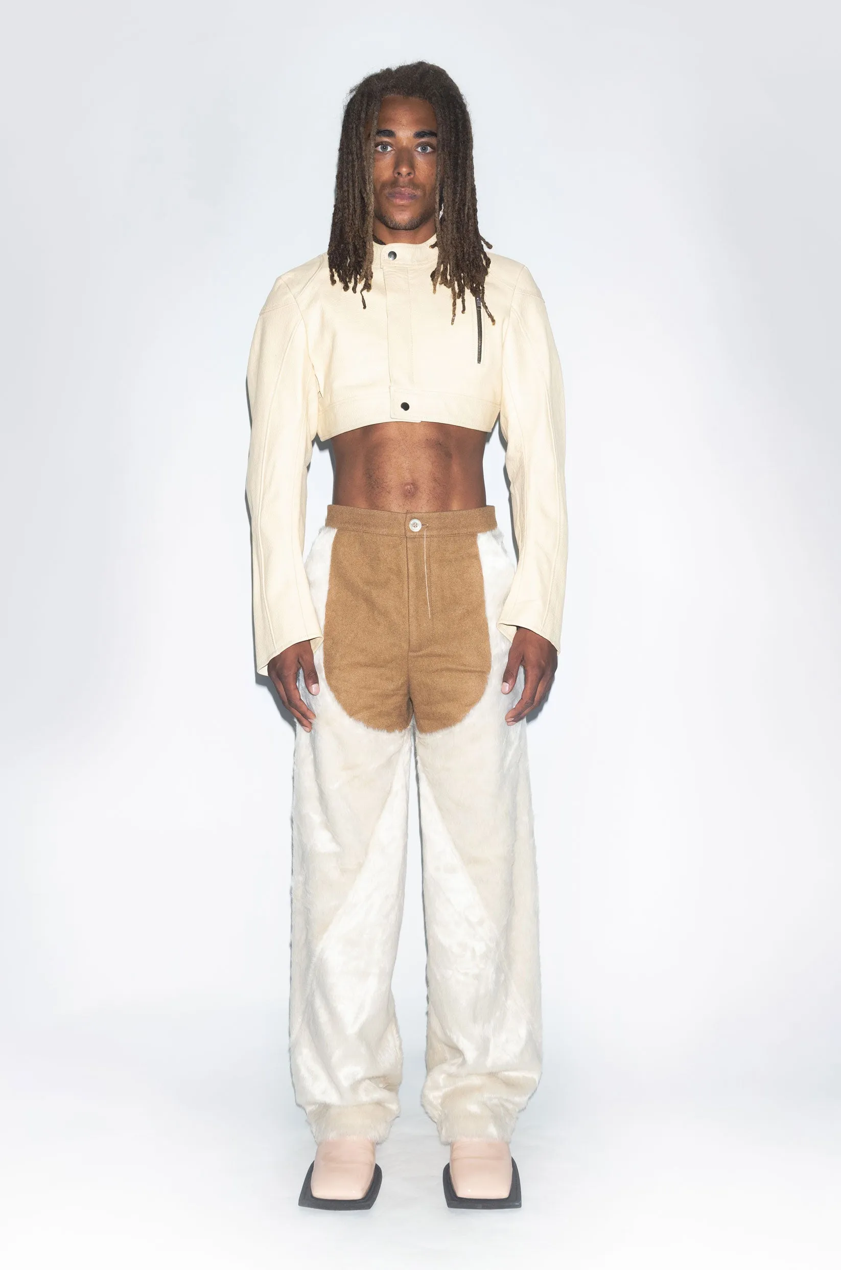 Runway Cropped Biker Leather Jacket in Beige