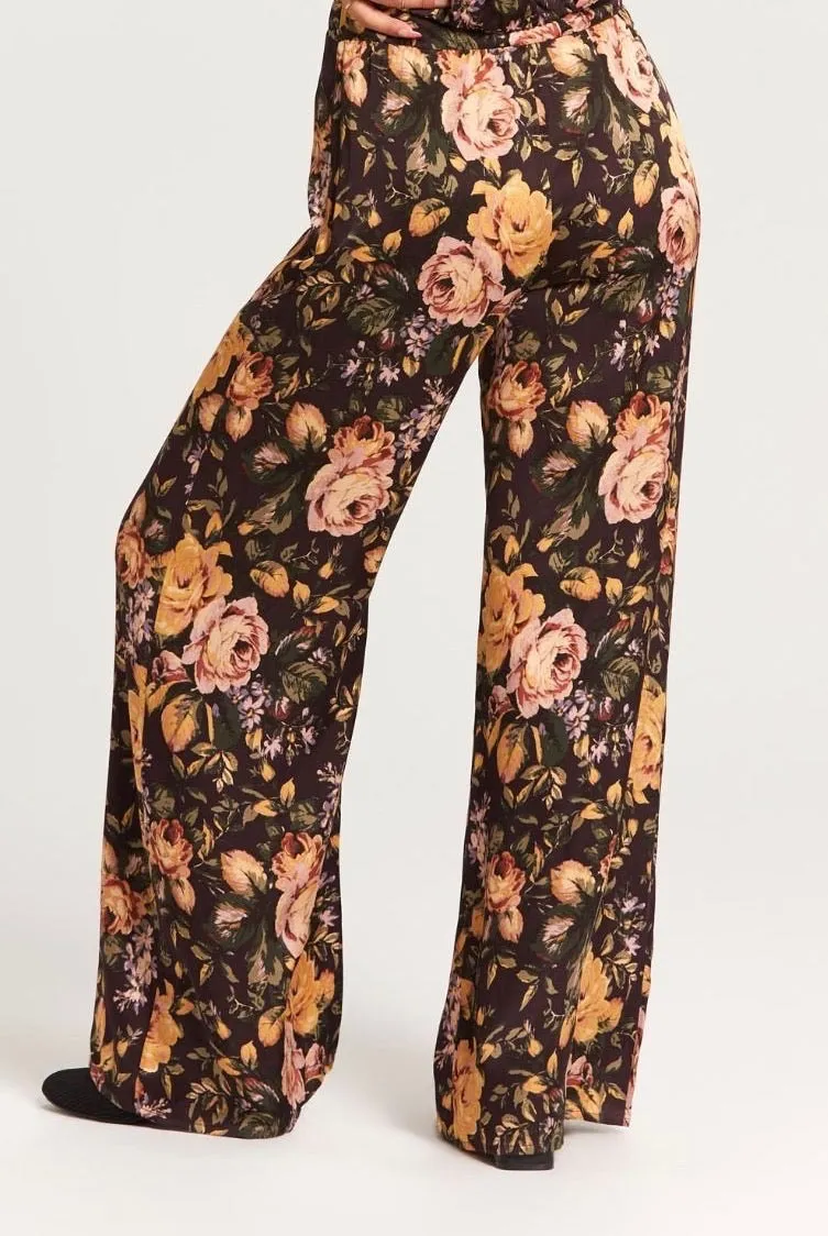 Satin Floral Print Wide Leg Pant