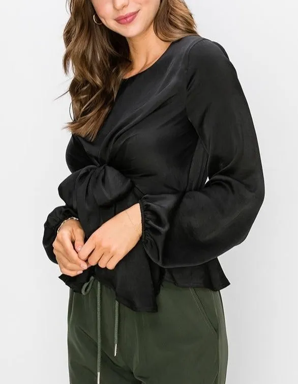 Satin Long Sleeve Peplum Tie Waist Top