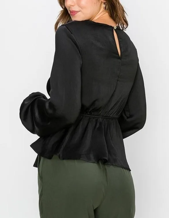 Satin Long Sleeve Peplum Tie Waist Top