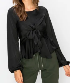 Satin Long Sleeve Peplum Tie Waist Top