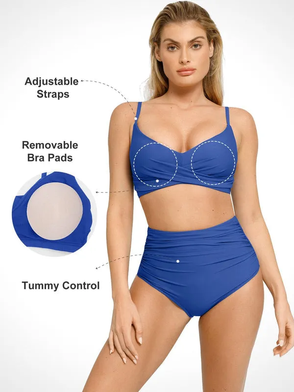 Shapewear Solid Ruched Sculpting Bikini Top and Bottom Set