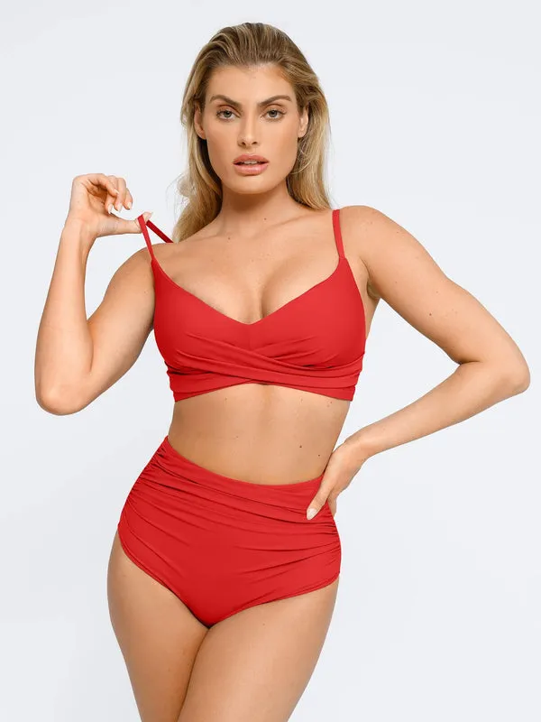 Shapewear Solid Ruched Sculpting Bikini Top and Bottom Set