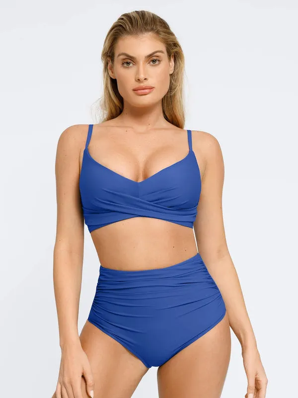 Shapewear Solid Ruched Sculpting Bikini Top and Bottom Set