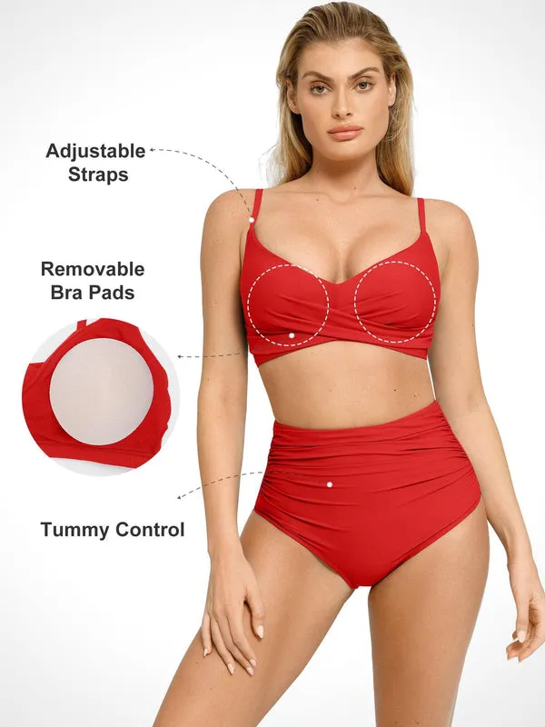 Shapewear Solid Ruched Sculpting Bikini Top and Bottom Set