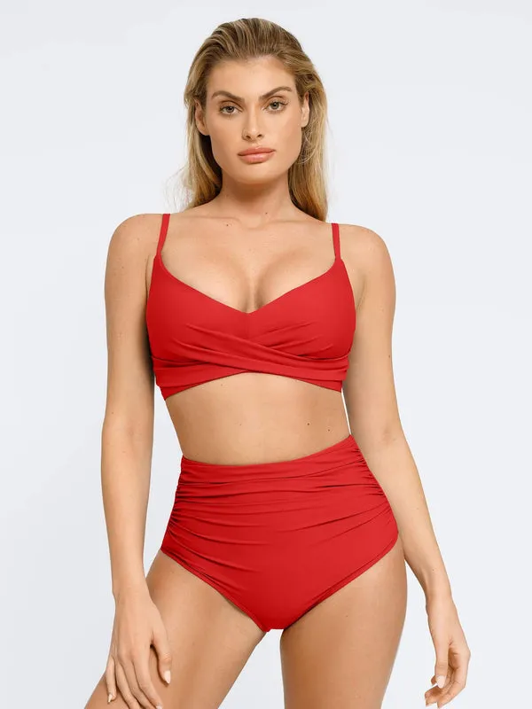 Shapewear Solid Ruched Sculpting Bikini Top and Bottom Set