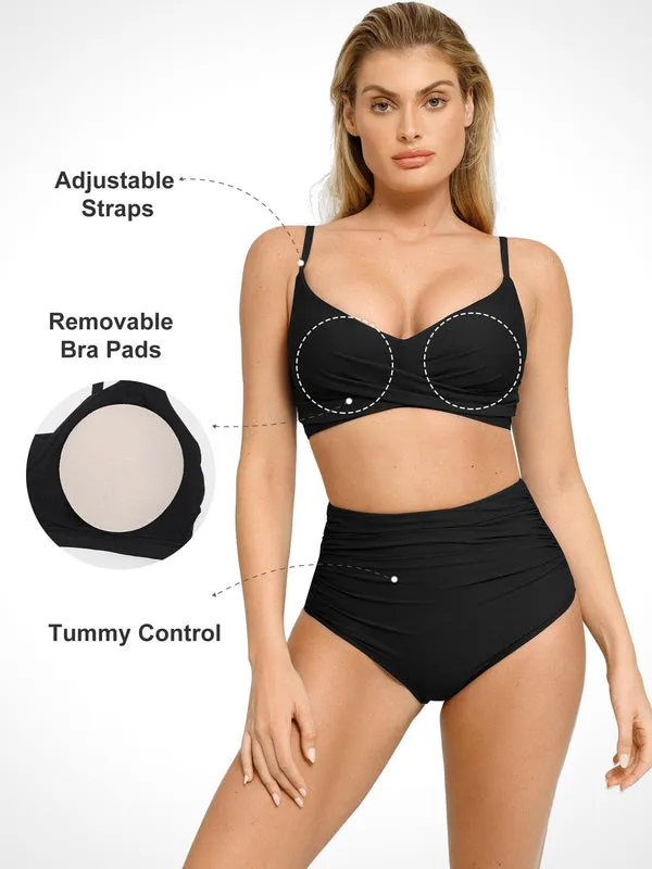 Shapewear Solid Ruched Sculpting Bikini Top and Bottom Set