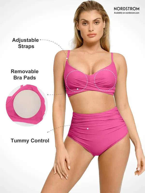Shapewear Solid Ruched Sculpting Bikini Top and Bottom Set