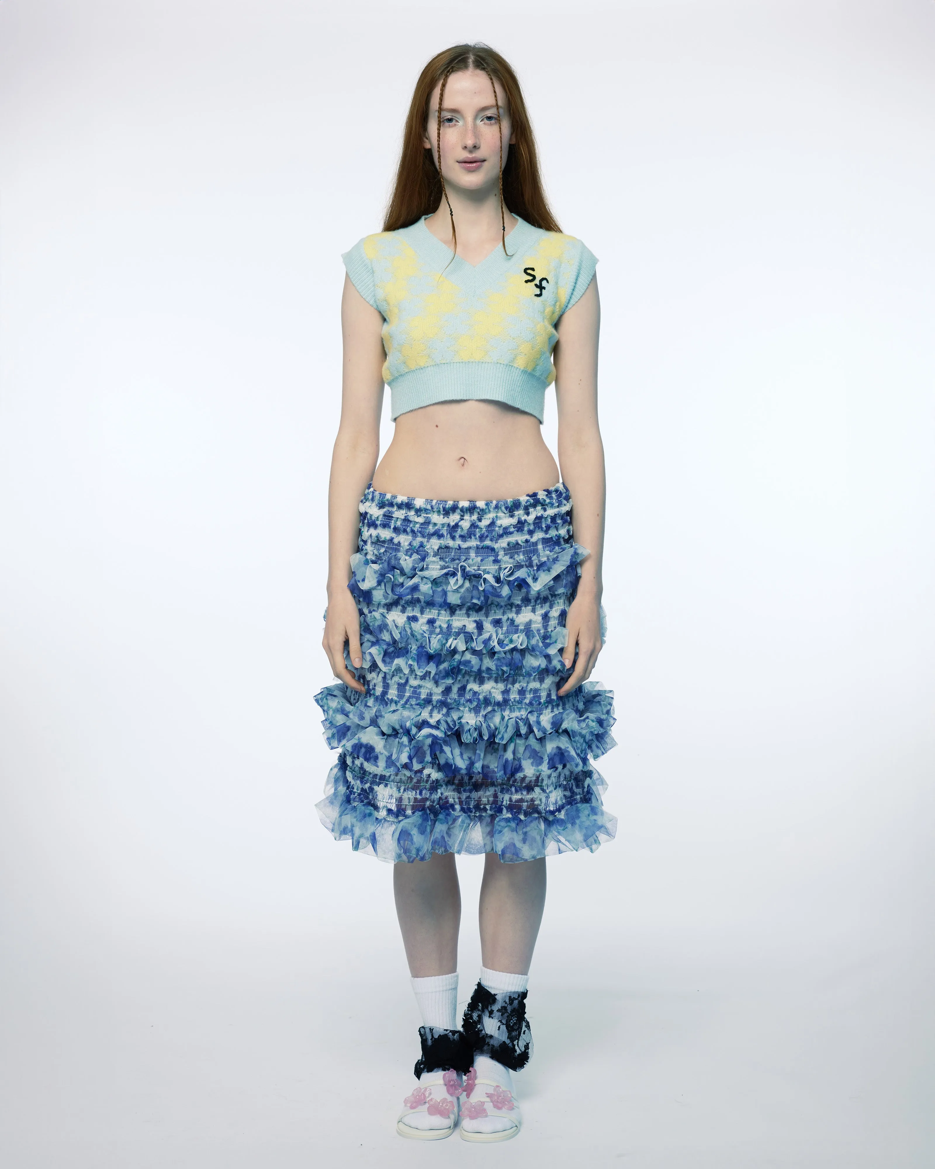 SHIRRED TIERED RUFFLE SHEER MIDI SKIRT