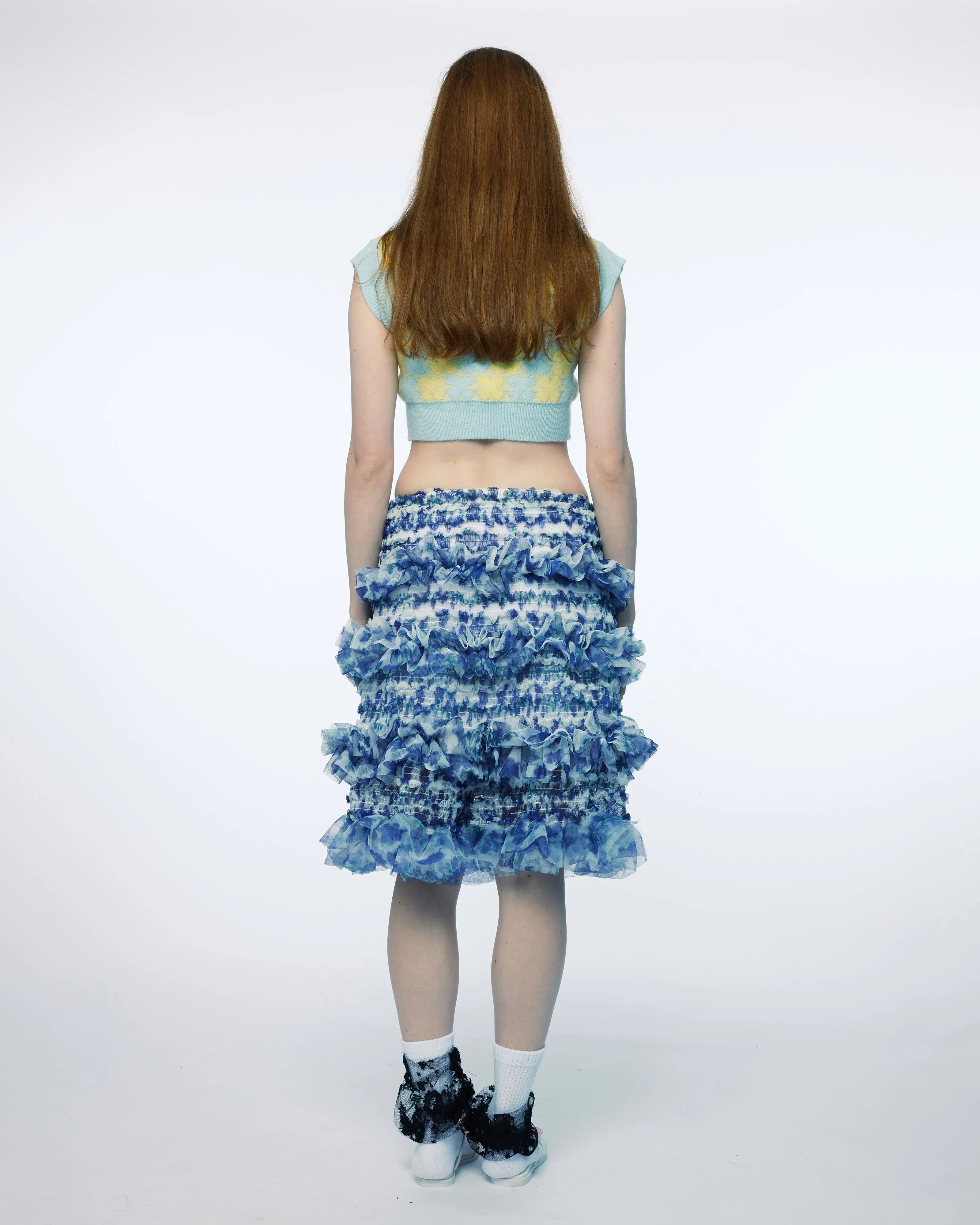 SHIRRED TIERED RUFFLE SHEER MIDI SKIRT