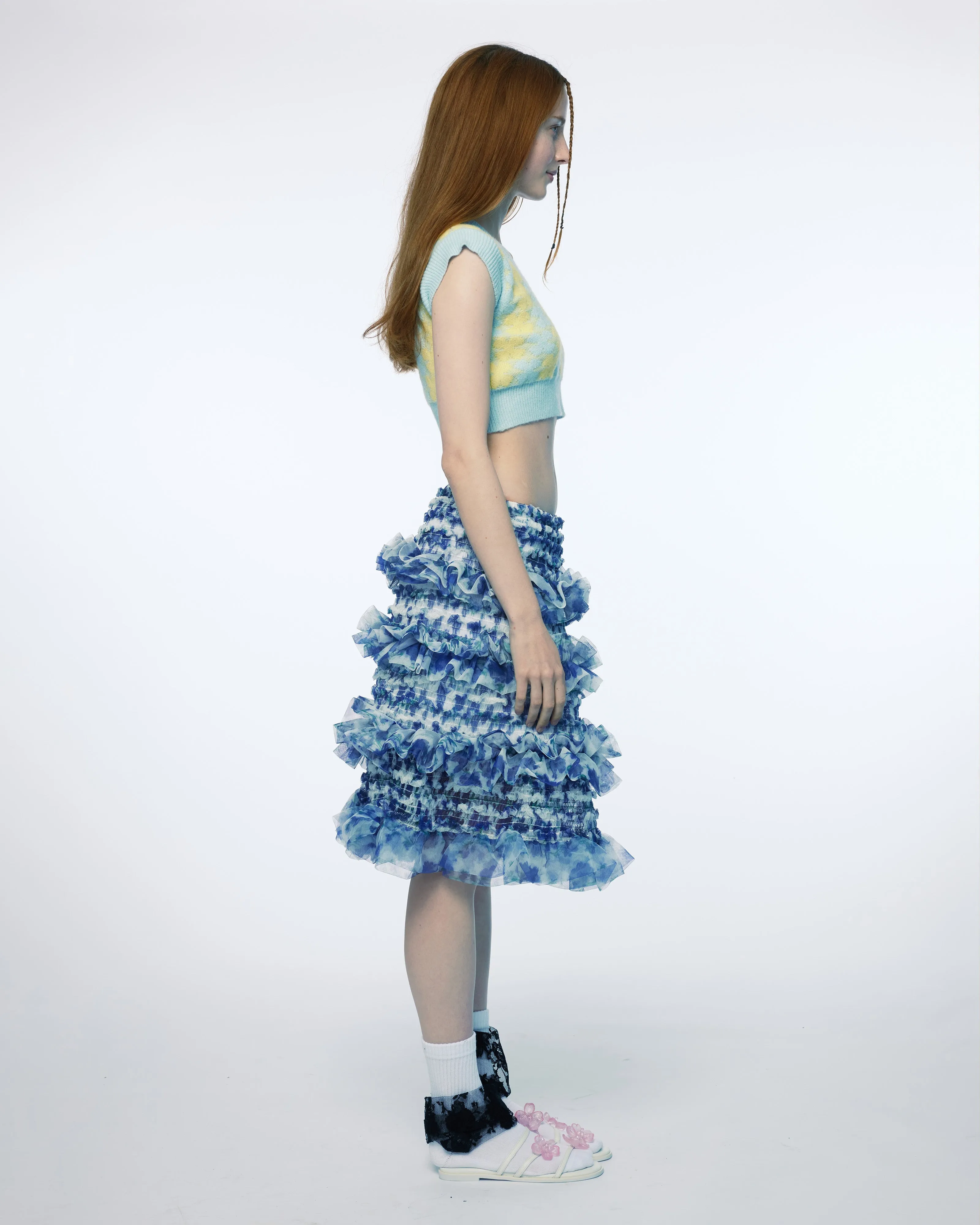 SHIRRED TIERED RUFFLE SHEER MIDI SKIRT
