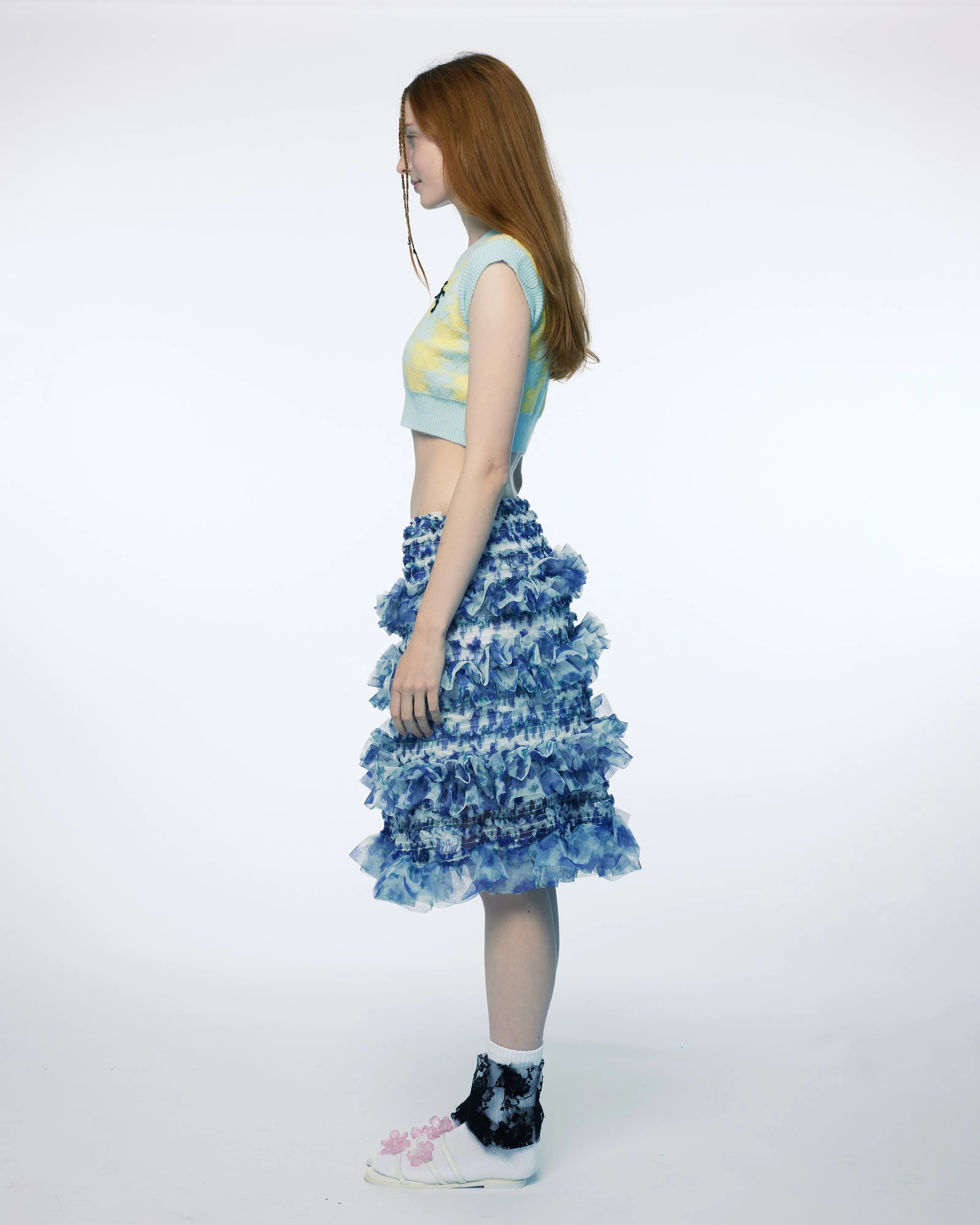 SHIRRED TIERED RUFFLE SHEER MIDI SKIRT