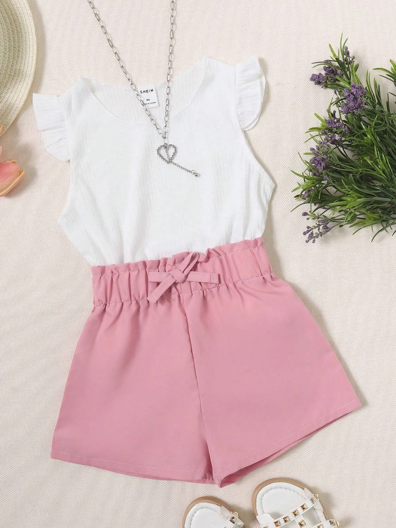 Short ruffle| Young Girl Ruffle Sleeve Tee & Paperbag Waist Shorts