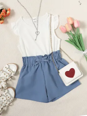 Short ruffle| Young Girl Ruffle Sleeve Tee & Paperbag Waist Shorts