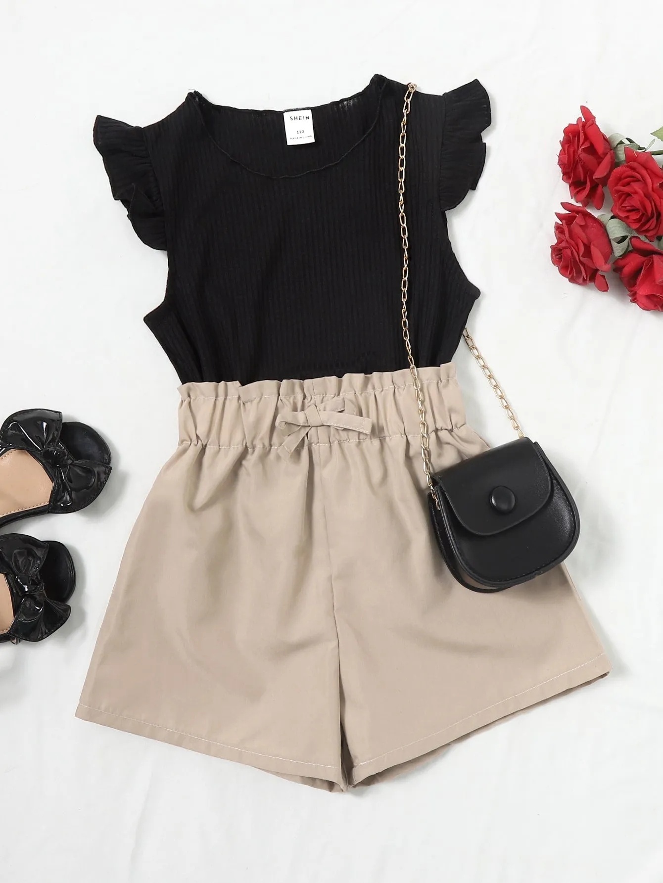 Short ruffle| Young Girl Ruffle Sleeve Tee & Paperbag Waist Shorts