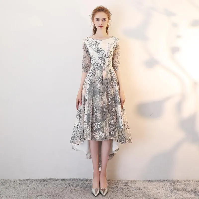 Simple High Low Evening  Half Sleeves Lace Prom Dress