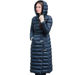 Snow Down Jacket Women Coat Anorak 90 % White Duck Down with Belt Longer Knee Women's Hooded Double Breasted Jackets
