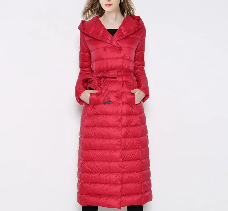 Snow Down Jacket Women Coat Anorak 90 % White Duck Down with Belt Longer Knee Women's Hooded Double Breasted Jackets
