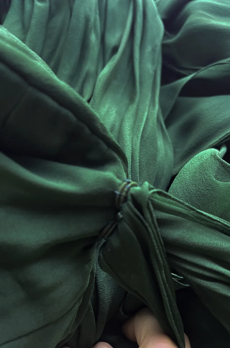 Spectacular Late 1970s Galanos Moss Green Silk Chiffon Car Wash Hem Dress w Draped Shoulder Panel