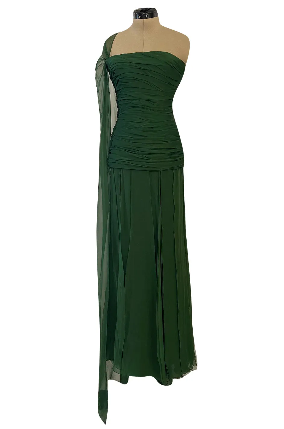 Spectacular Late 1970s Galanos Moss Green Silk Chiffon Car Wash Hem Dress w Draped Shoulder Panel