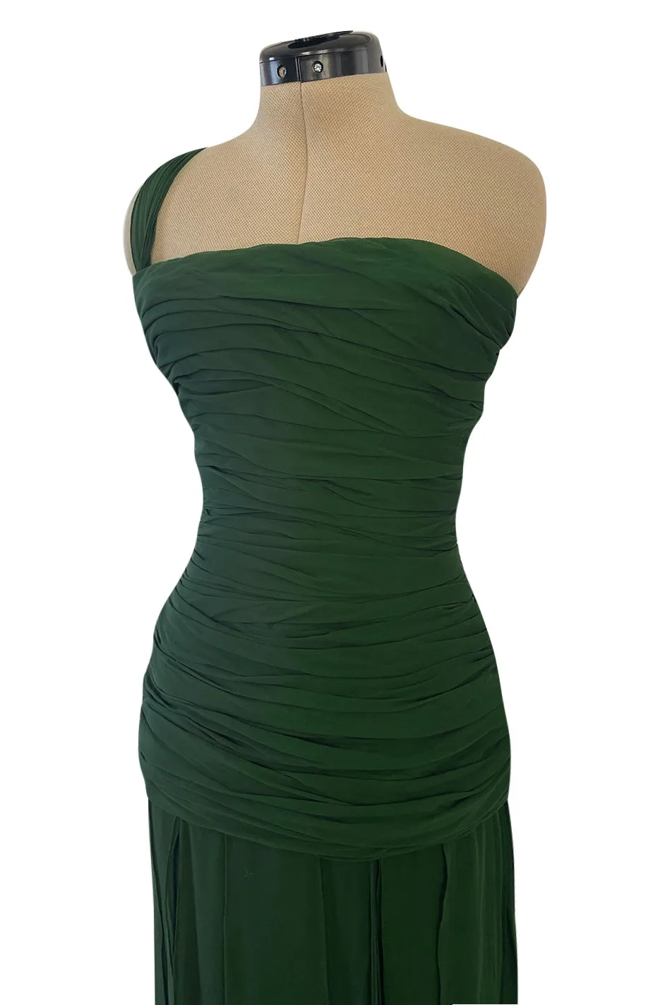 Spectacular Late 1970s Galanos Moss Green Silk Chiffon Car Wash Hem Dress w Draped Shoulder Panel