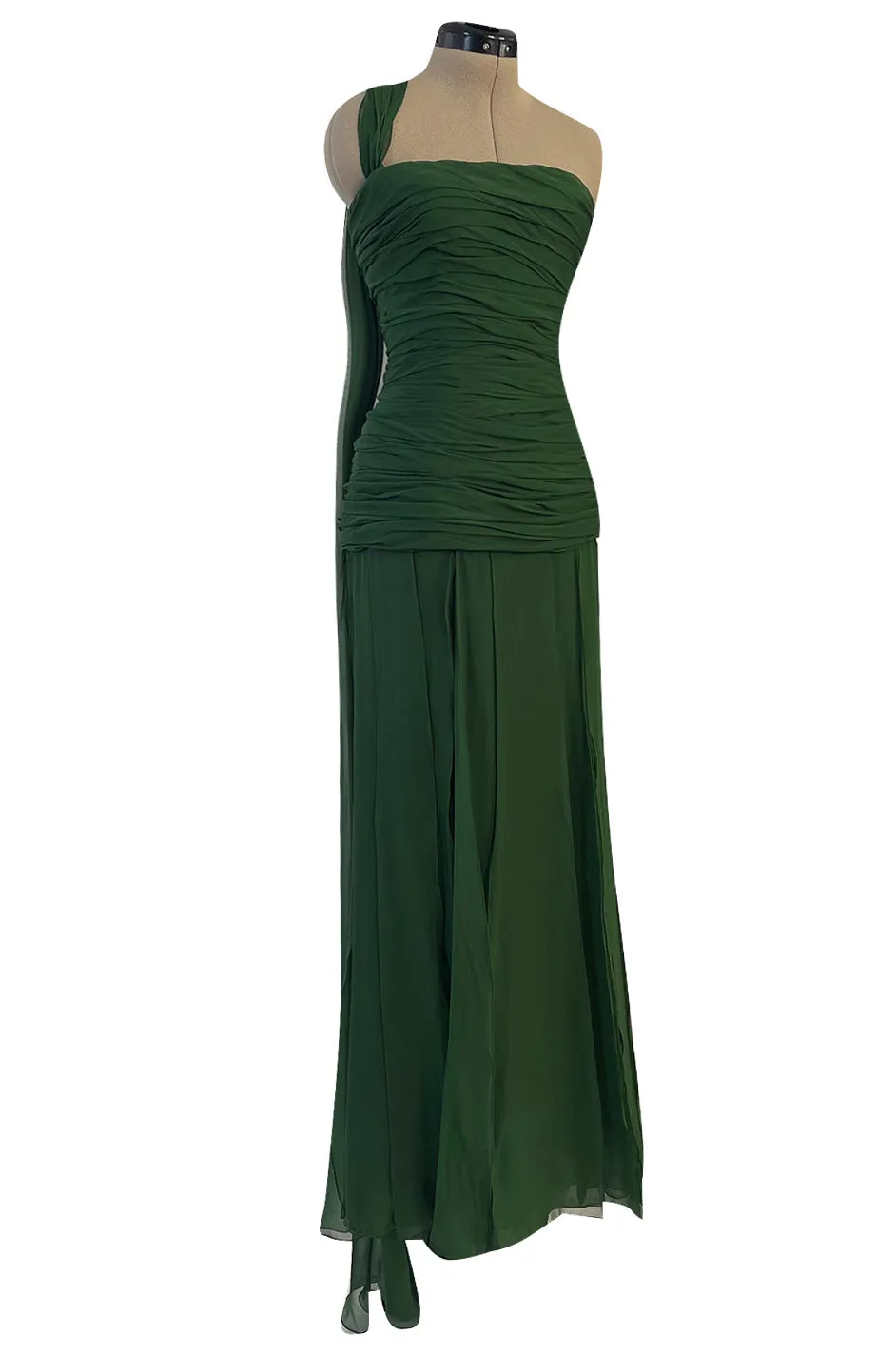 Spectacular Late 1970s Galanos Moss Green Silk Chiffon Car Wash Hem Dress w Draped Shoulder Panel