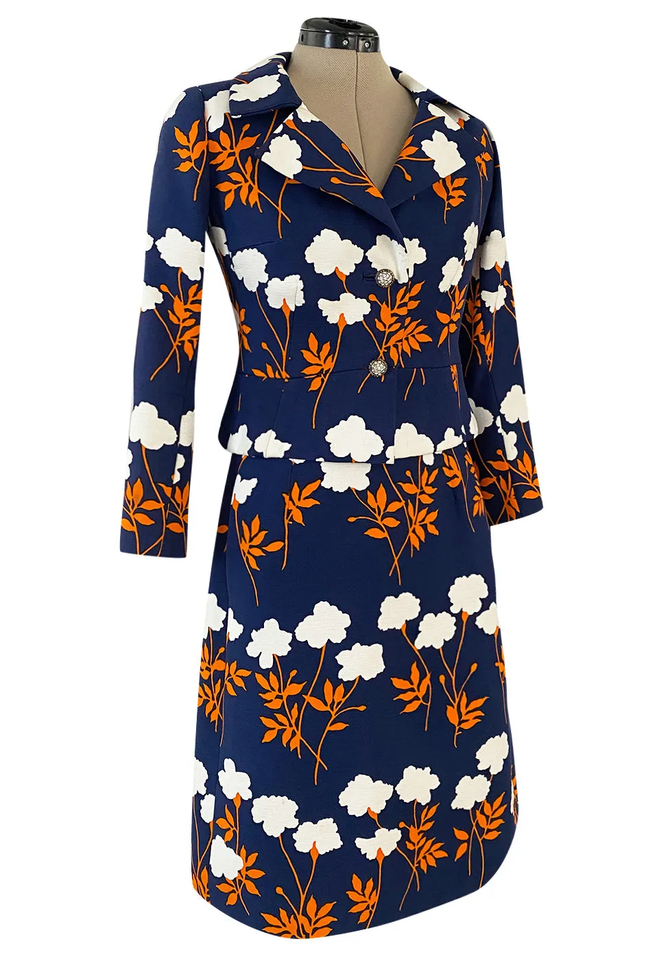 Spring 1973 Givenchy Haute Couture Lovely Long Stem Floral Print Dress & Jacket Set