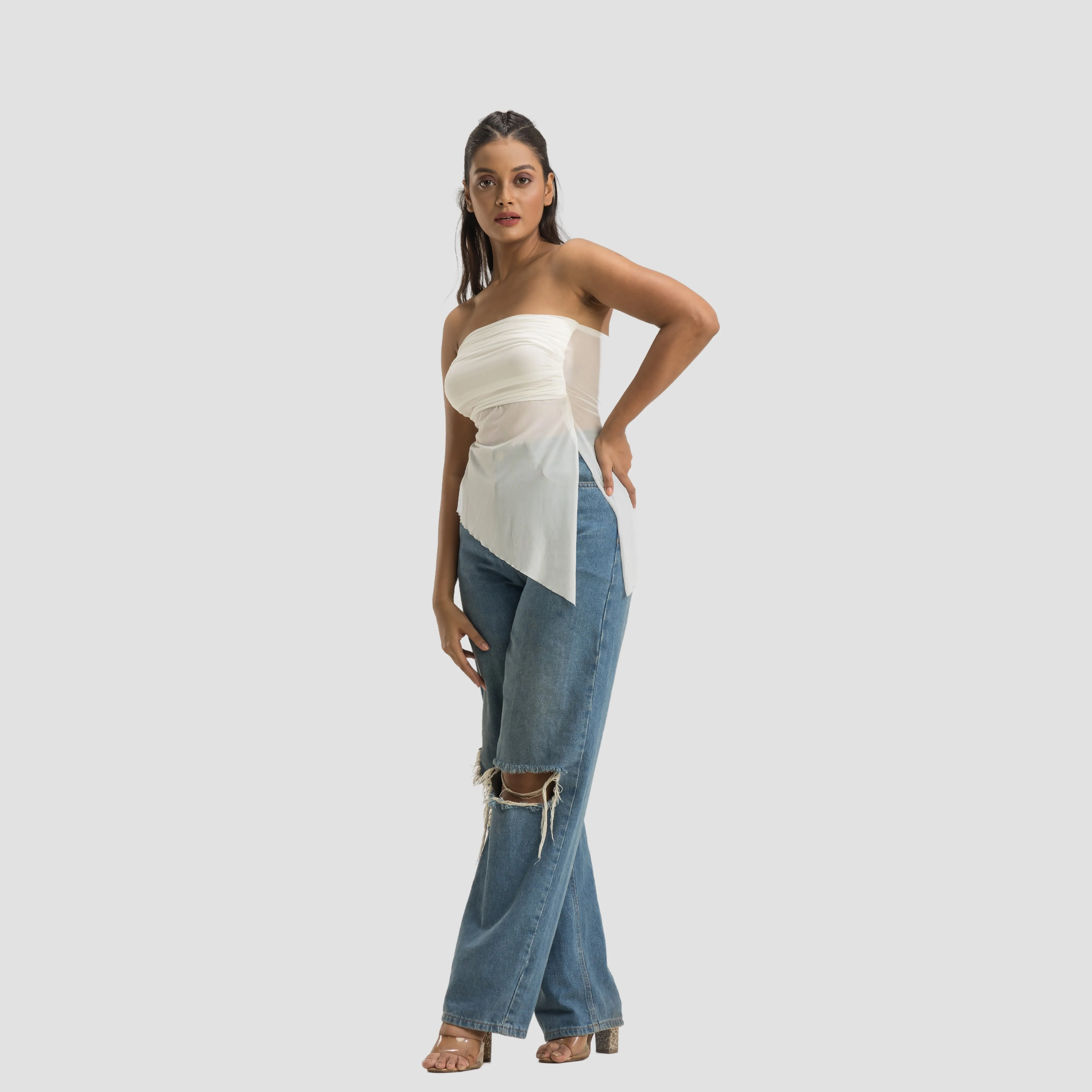 Strapless Gathered Asymmetrical Top