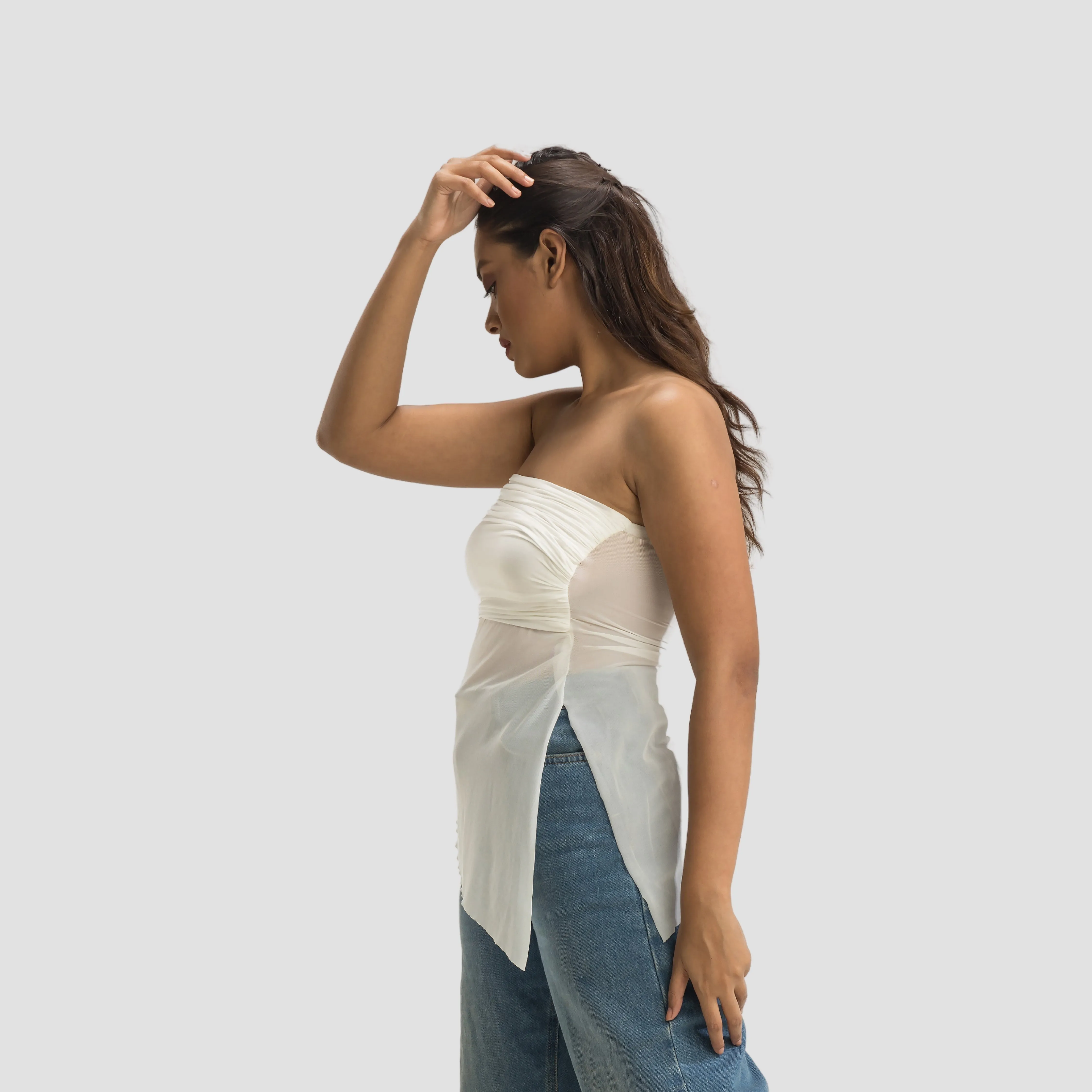 Strapless Gathered Asymmetrical Top