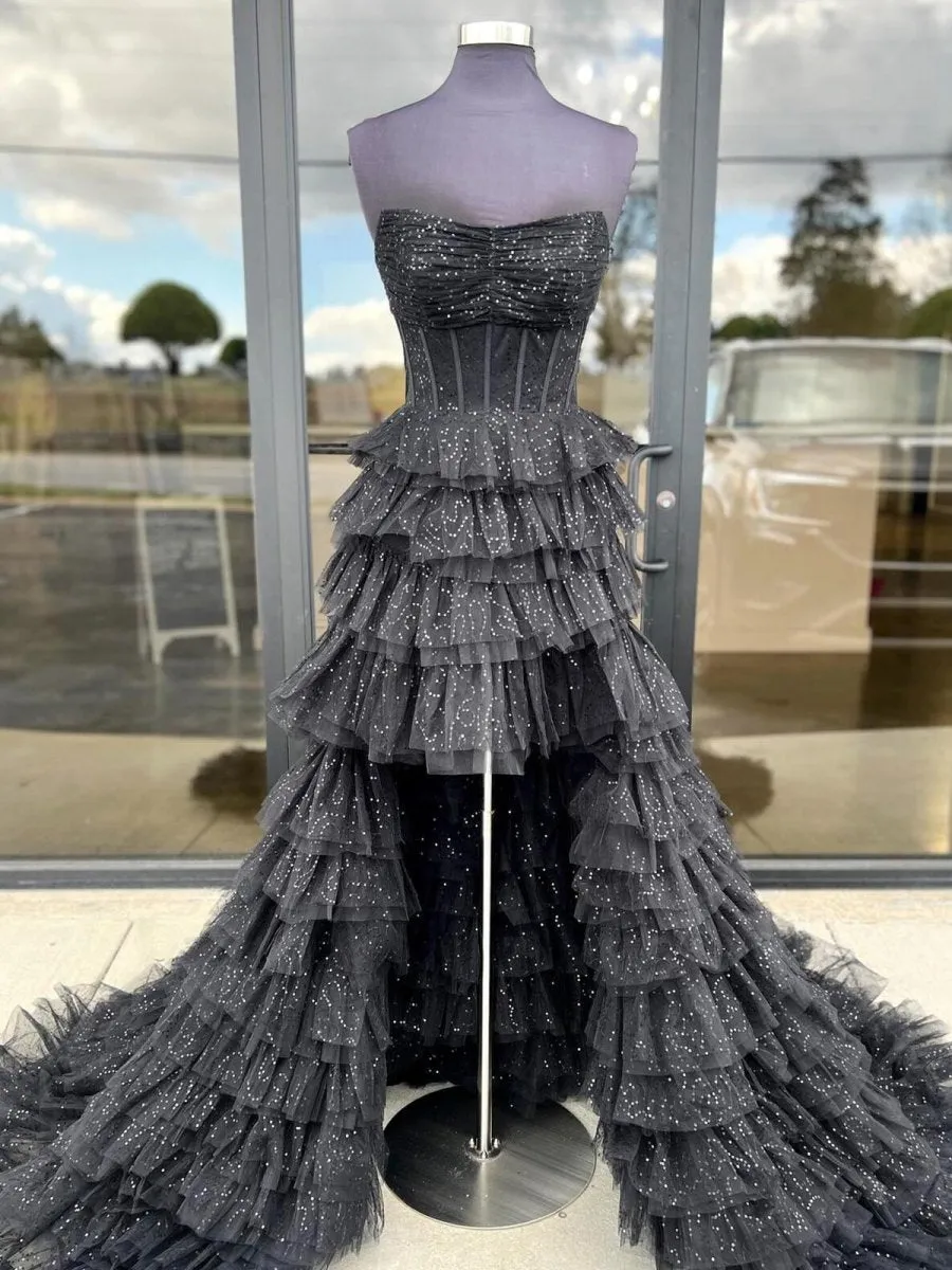 Strapless High Low Ruffles Tulle Prom Dresses