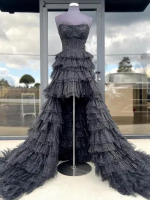 Strapless High Low Ruffles Tulle Prom Dresses