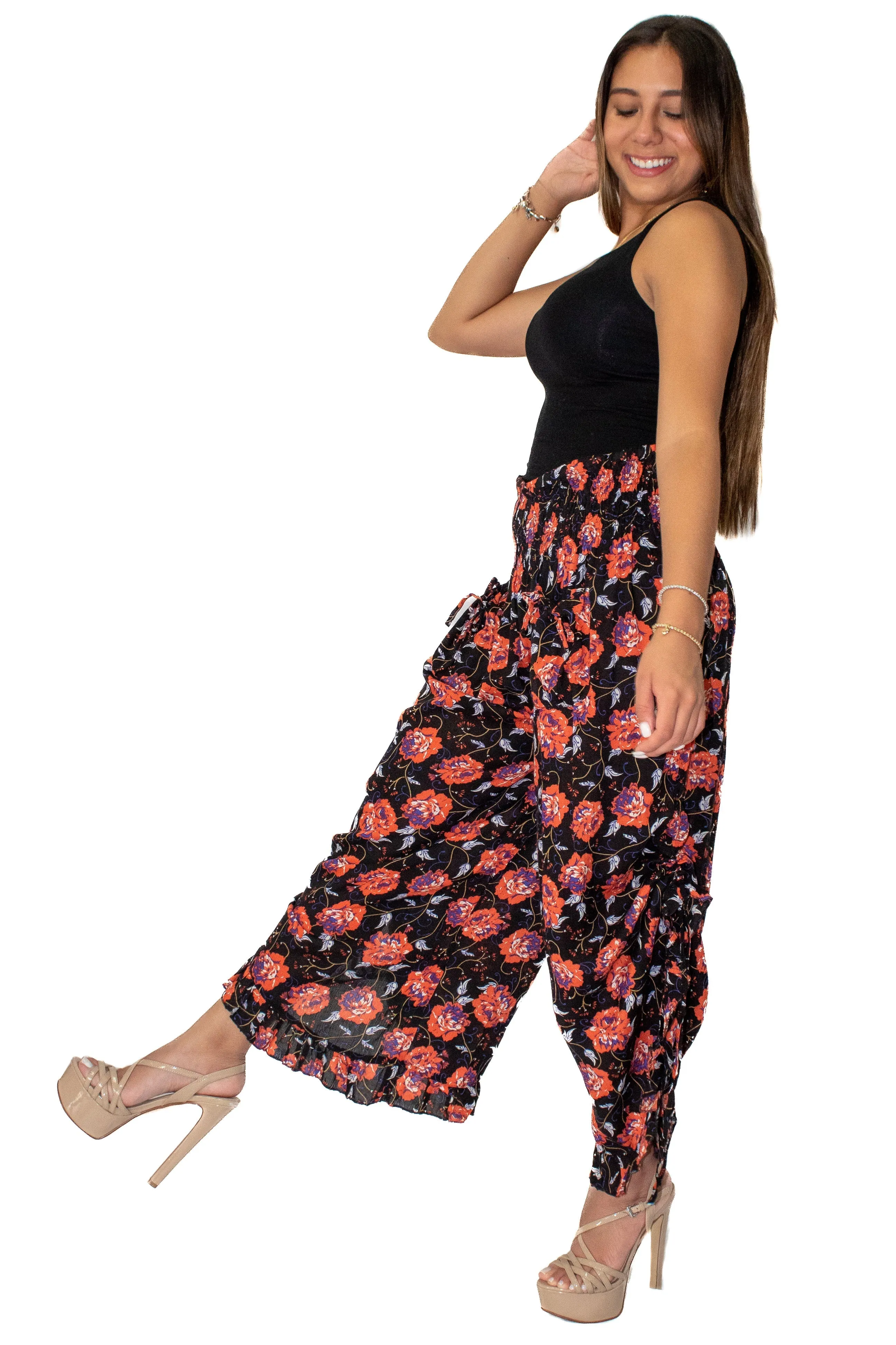 Stylish Printed Bottom Tie with Ruffle Pant Peach Mix