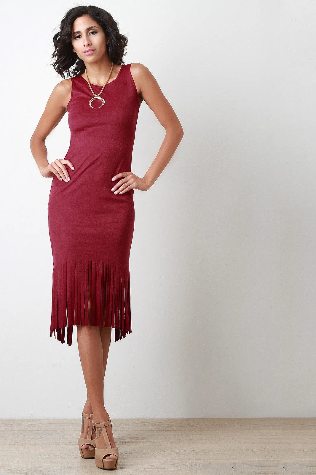 Suede High Low Fringe Dress