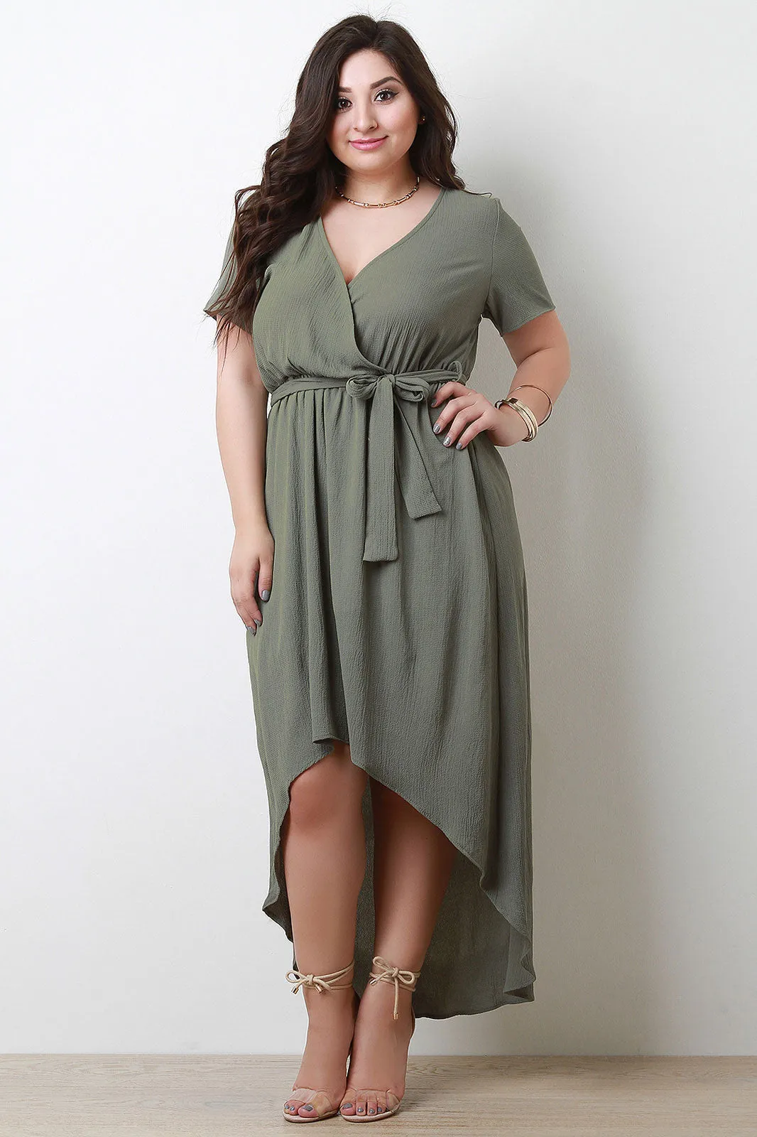 Surplice V-Neck Self-Tie High Low Maxi Dress