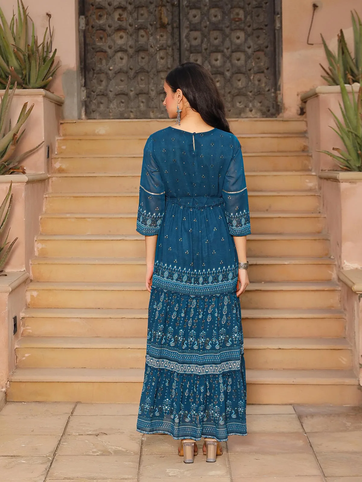 The Dholitaro Blue Ethnic Motif Printed Georgette Tiered Dress With Sequins & Doris At Waist-J4620BLUE