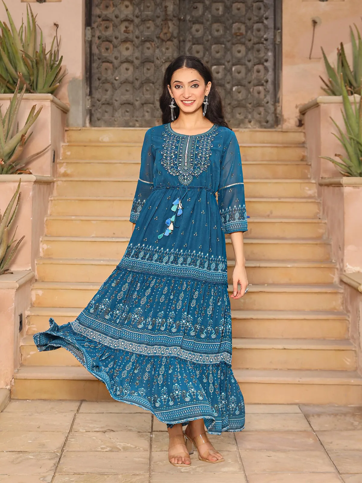 The Dholitaro Blue Ethnic Motif Printed Georgette Tiered Dress With Sequins & Doris At Waist-J4620BLUE