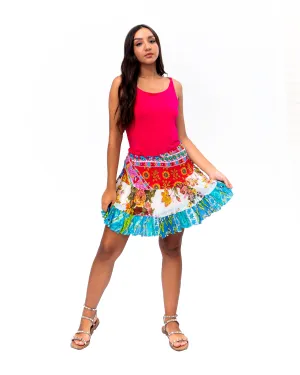 Three tiered Fabric mini ruffle skirt. In Multi.
