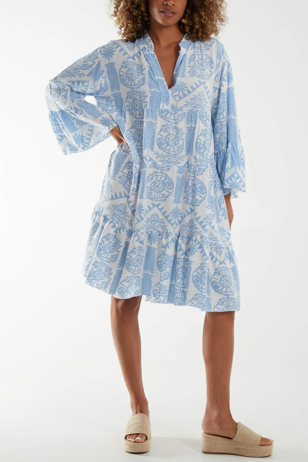 Tiered Baroque Floral Smock Print Dress