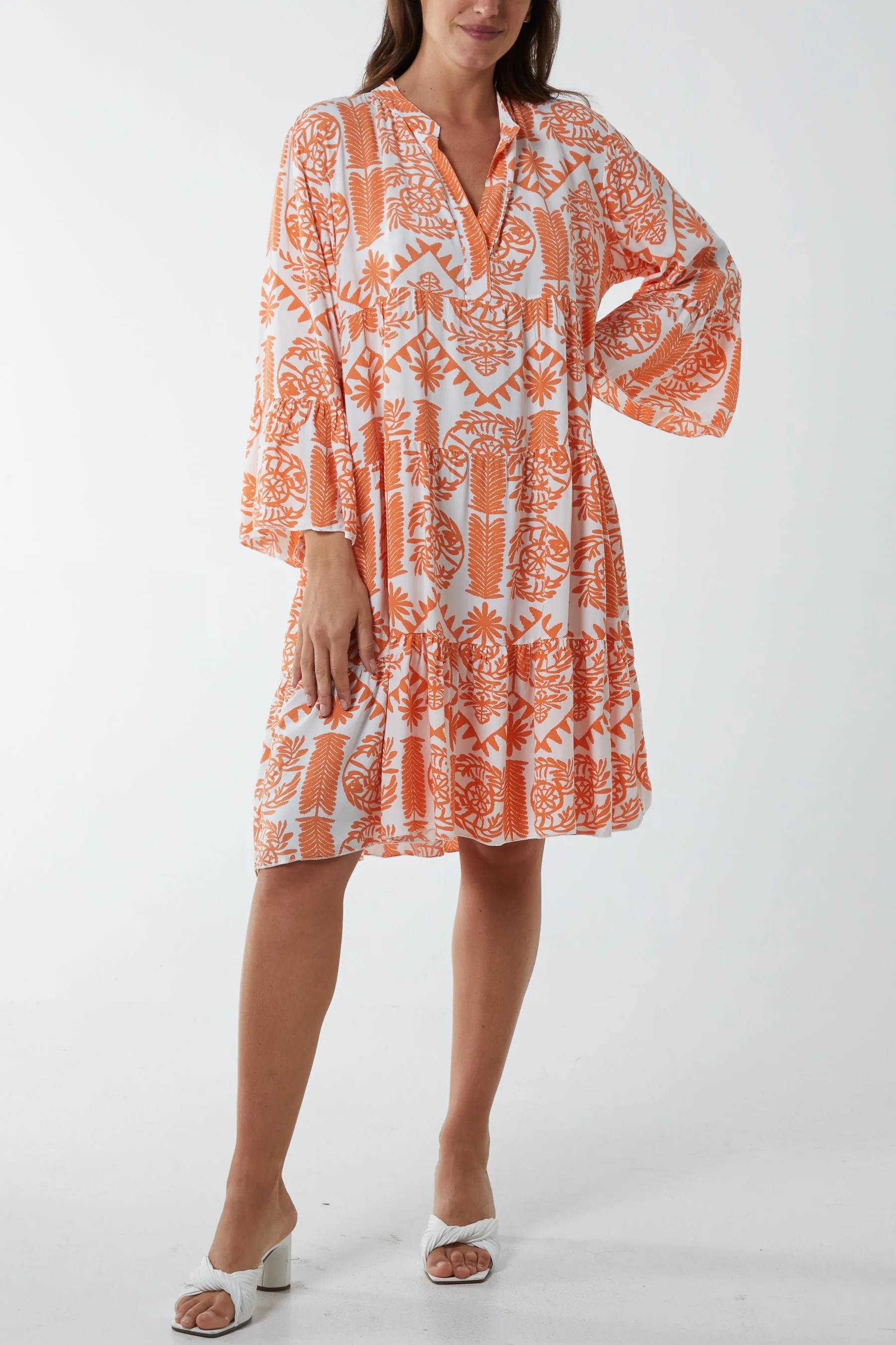 Tiered Baroque Floral Smock Print Dress
