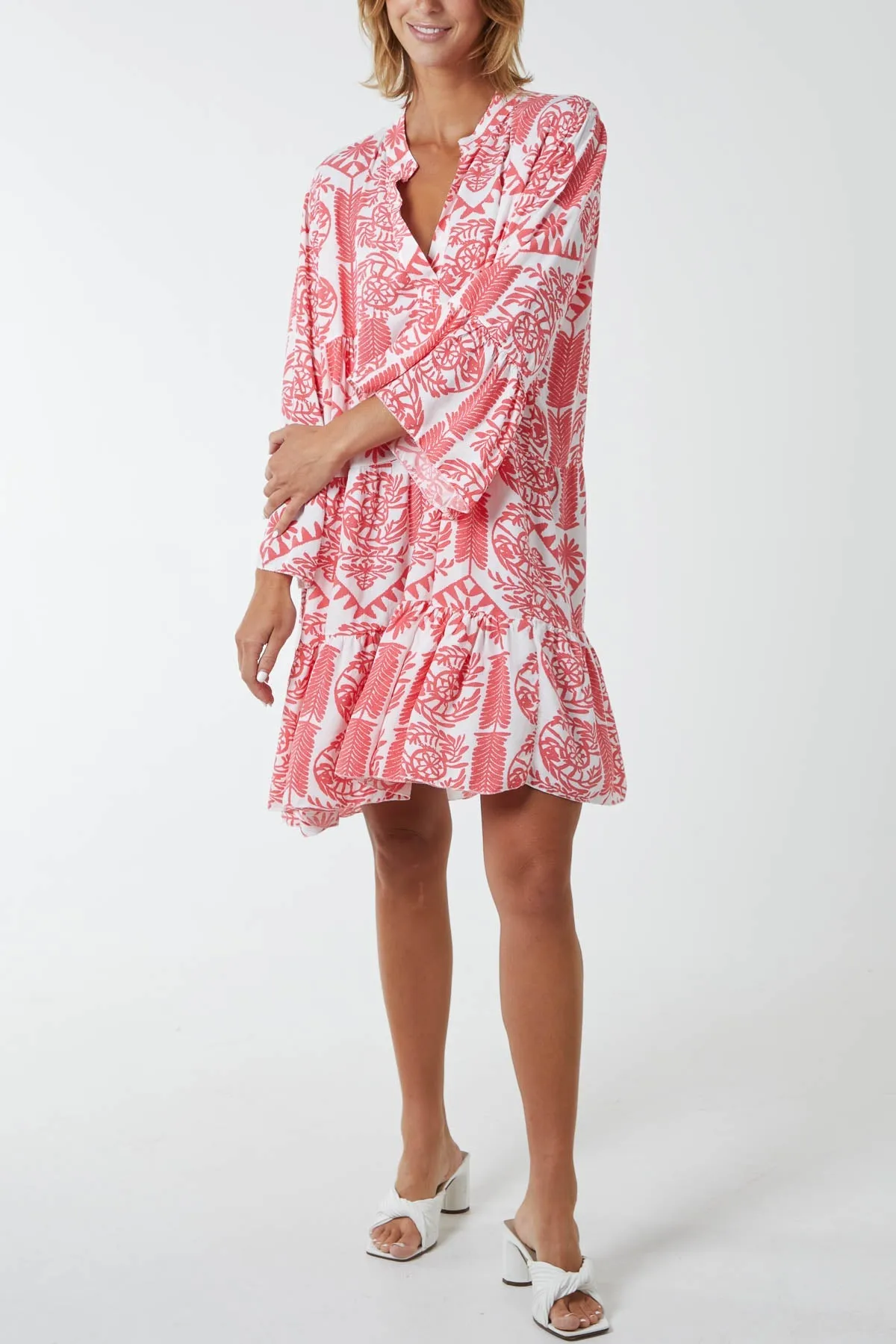 Tiered Baroque Floral Smock Print Dress