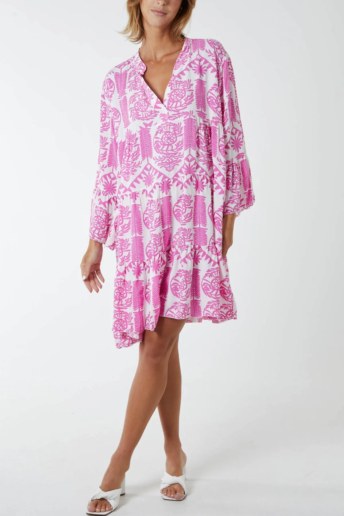 Tiered Baroque Floral Smock Print Dress