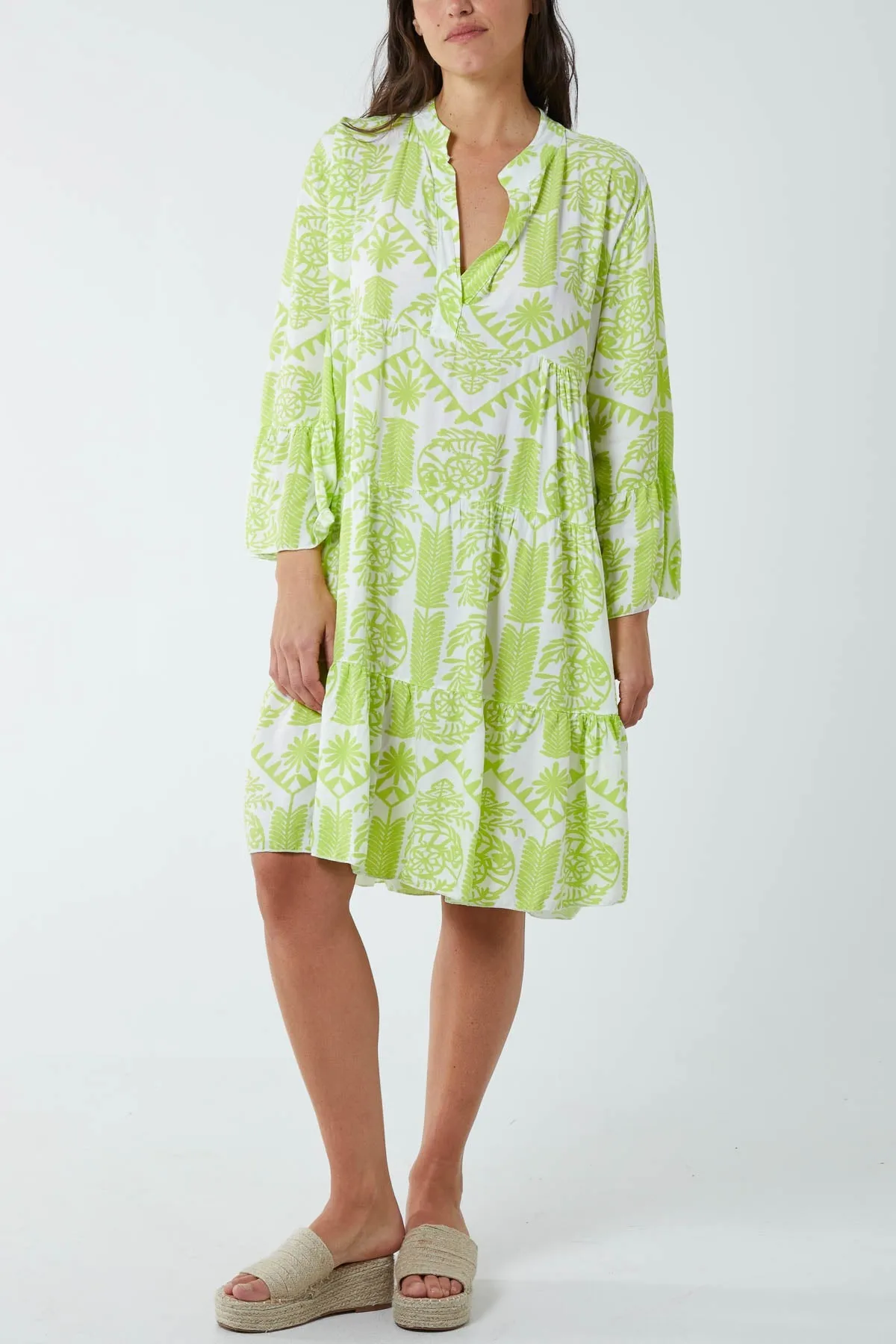 Tiered Baroque Floral Smock Print Dress