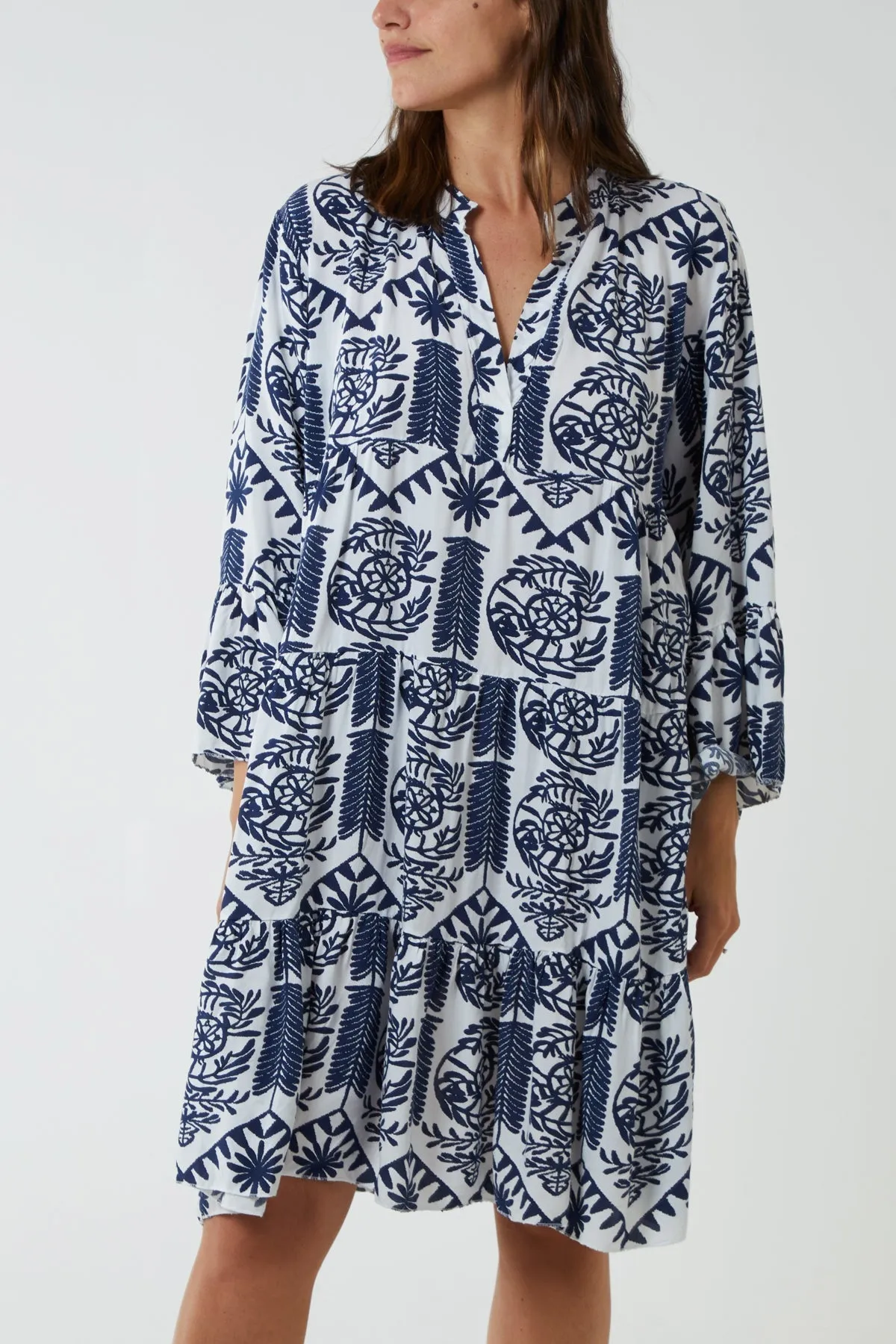 Tiered Baroque Floral Smock Print Dress