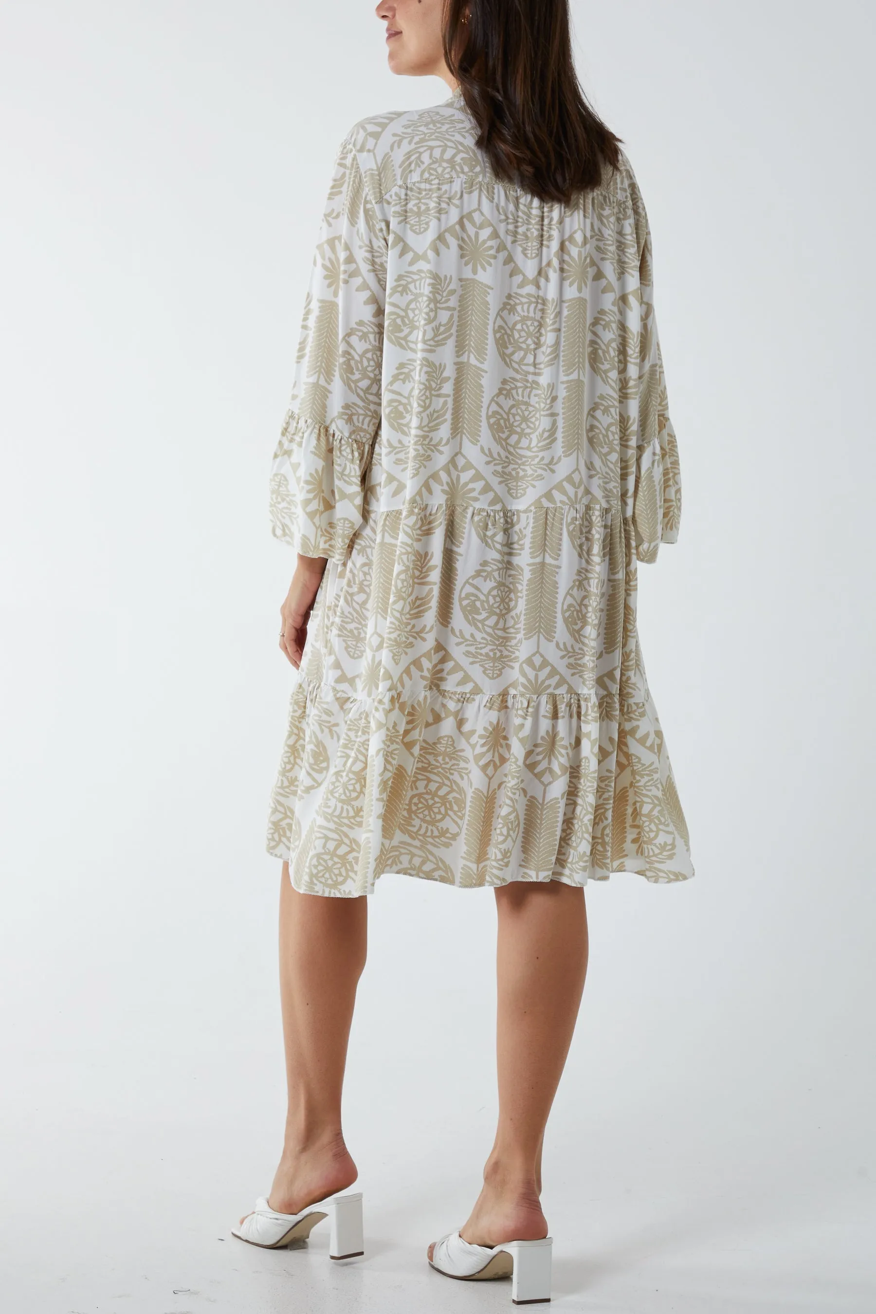 Tiered Baroque Floral Smock Print Dress