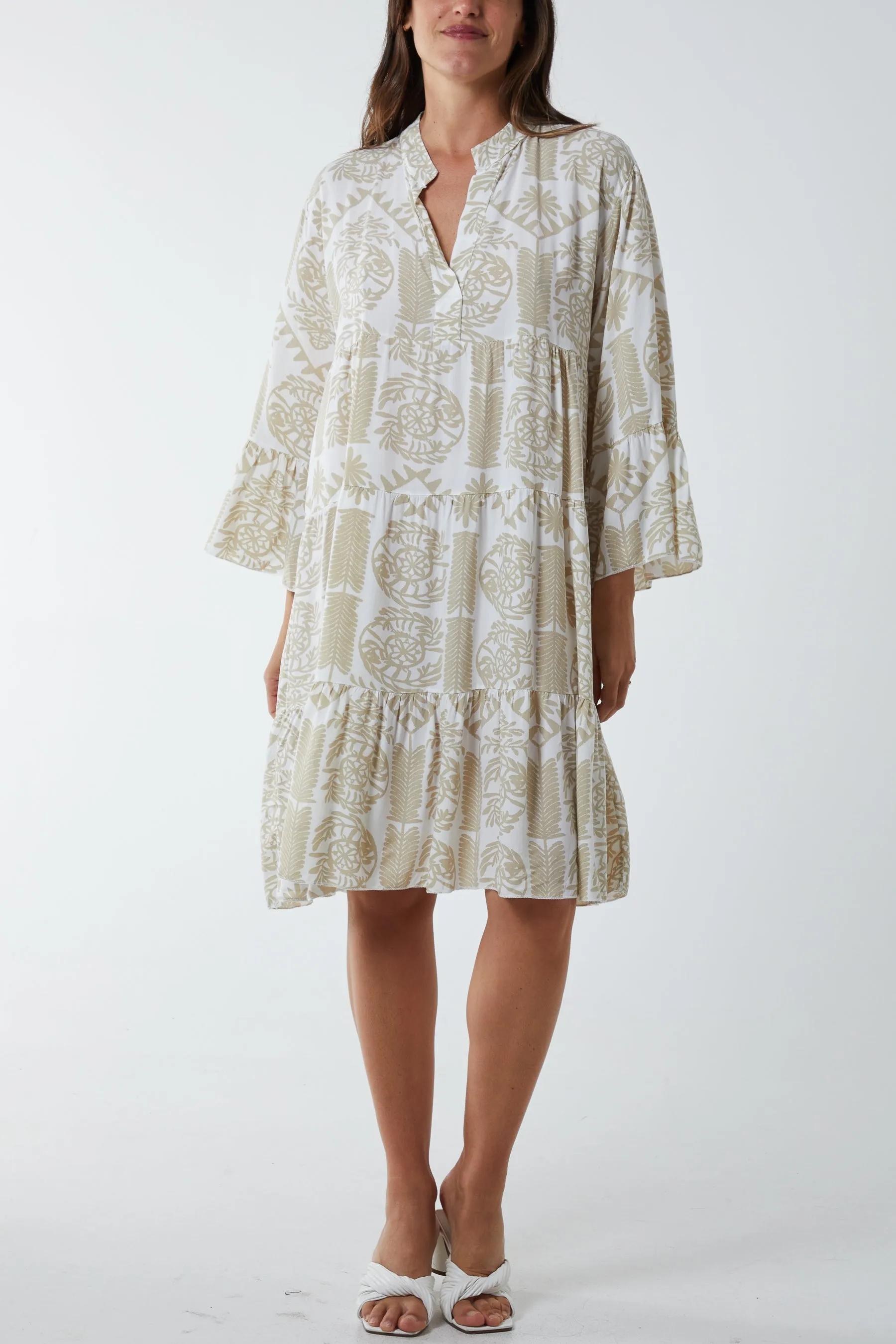 Tiered Baroque Floral Smock Print Dress