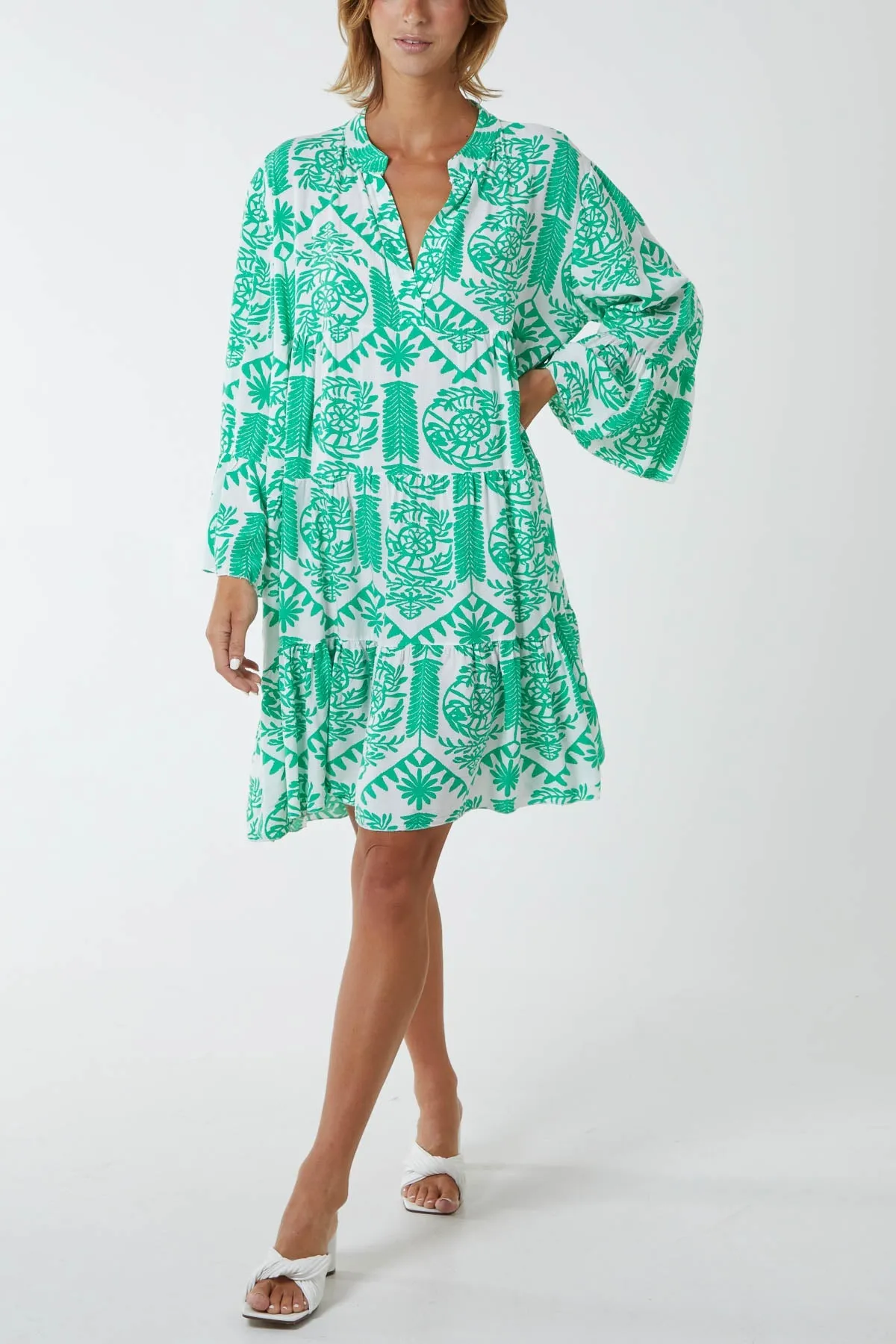 Tiered Baroque Floral Smock Print Dress