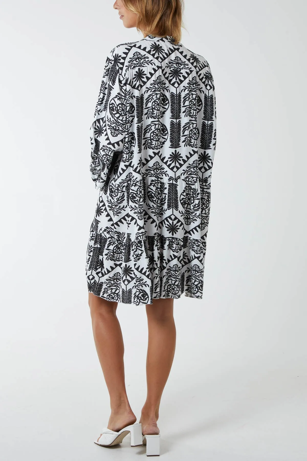 Tiered Baroque Floral Smock Print Dress
