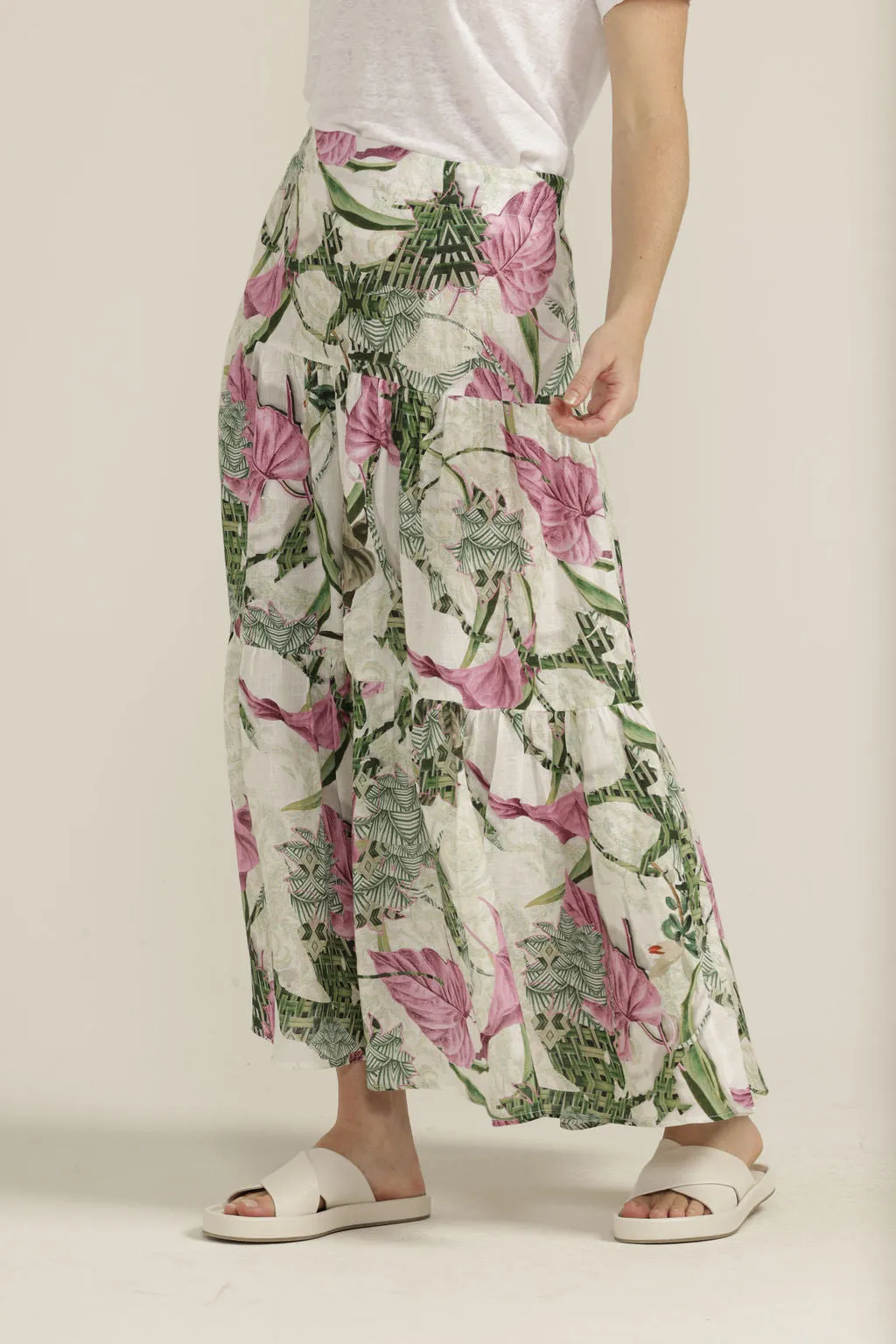 Tiered Linen Skirt - Pink Palm Print