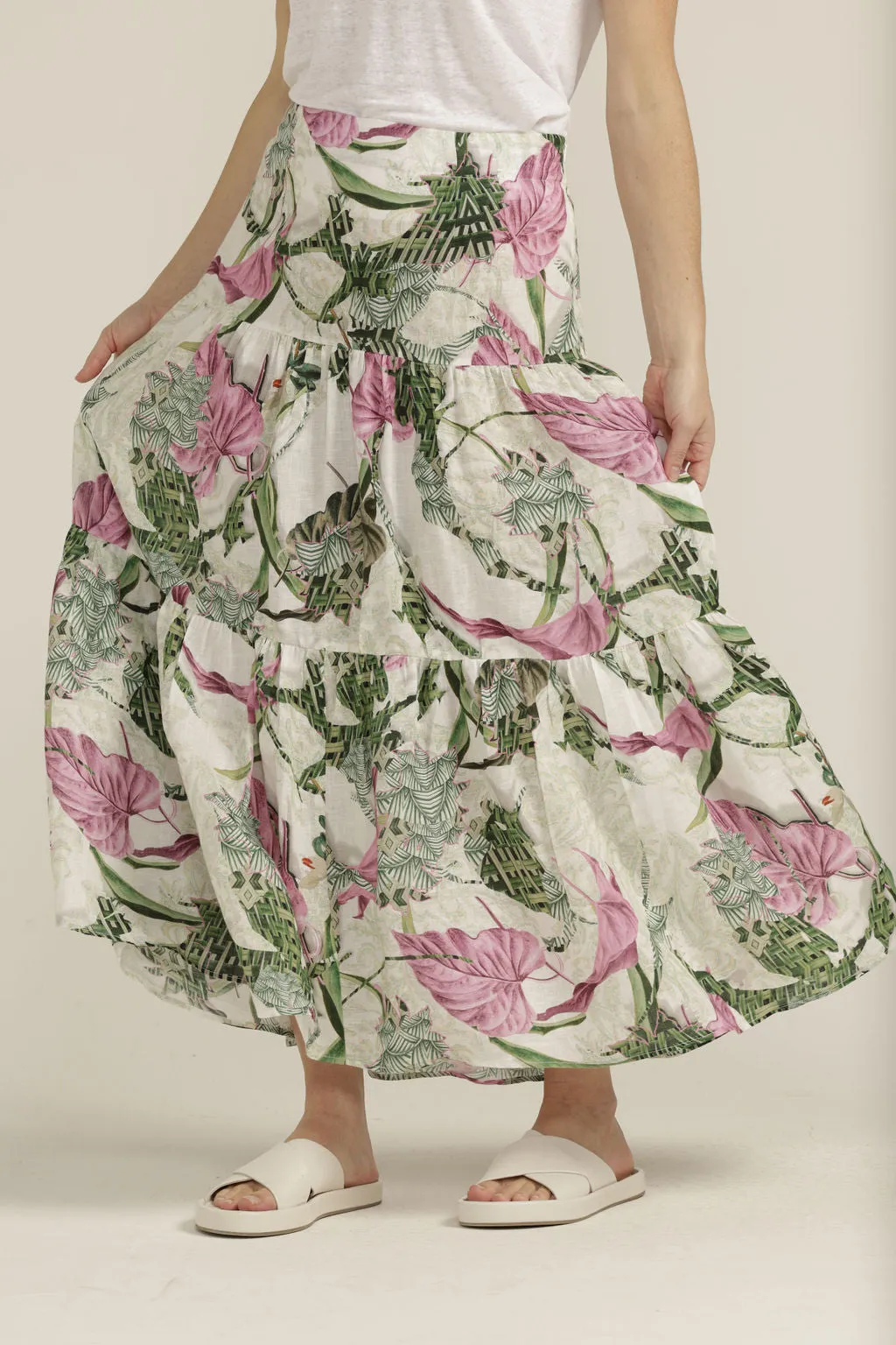 Tiered Linen Skirt - Pink Palm Print